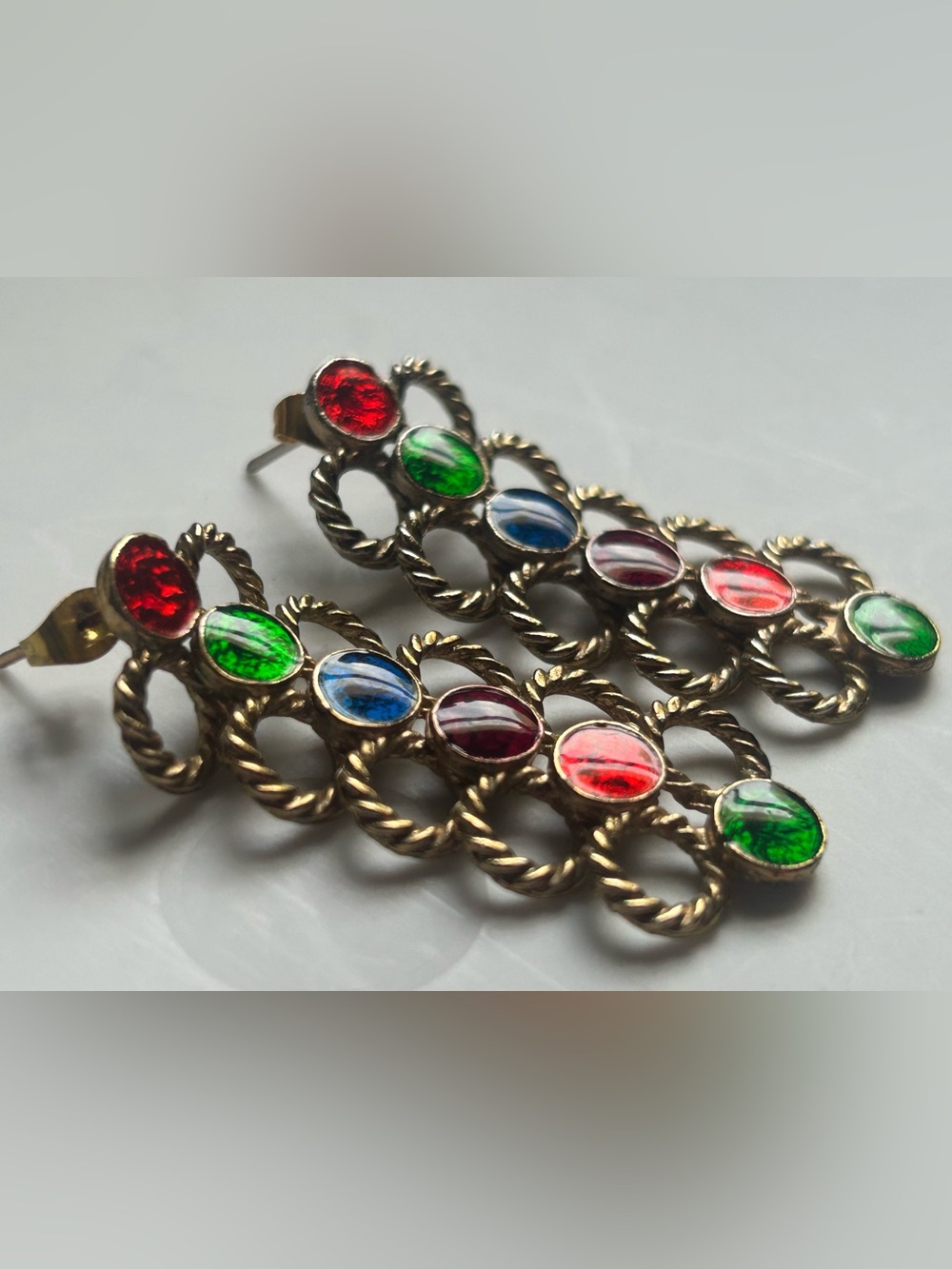 Vintage 80s Multicolor Cabochon Gold Drop Dangle Statement Earrings Runway - Picture 5 of 12